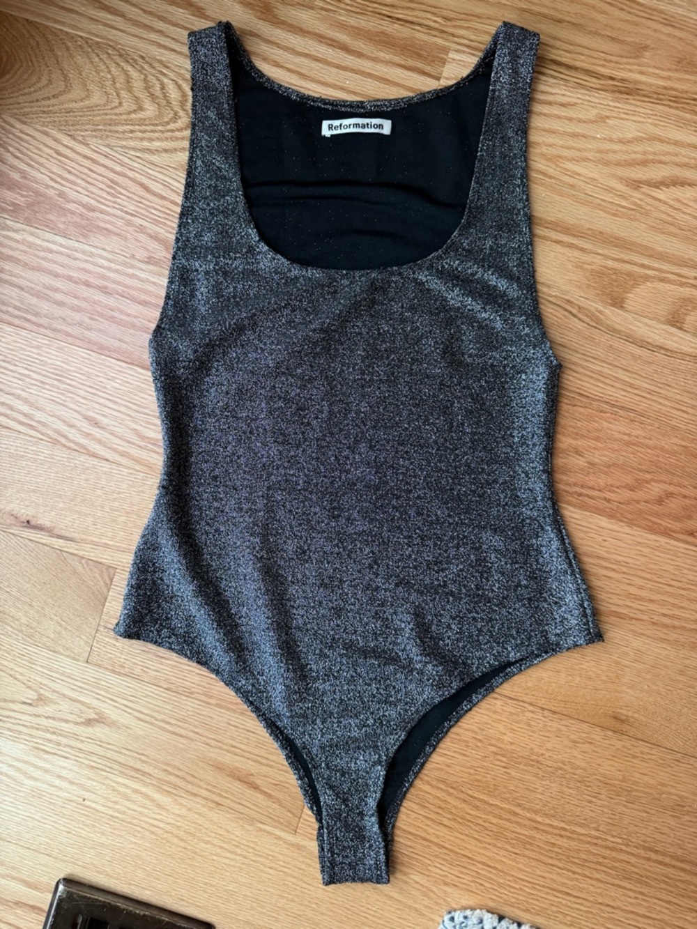 Reformation Saturn Bodysuit Glitter Black Silver Shimmer Sleeveless Size M